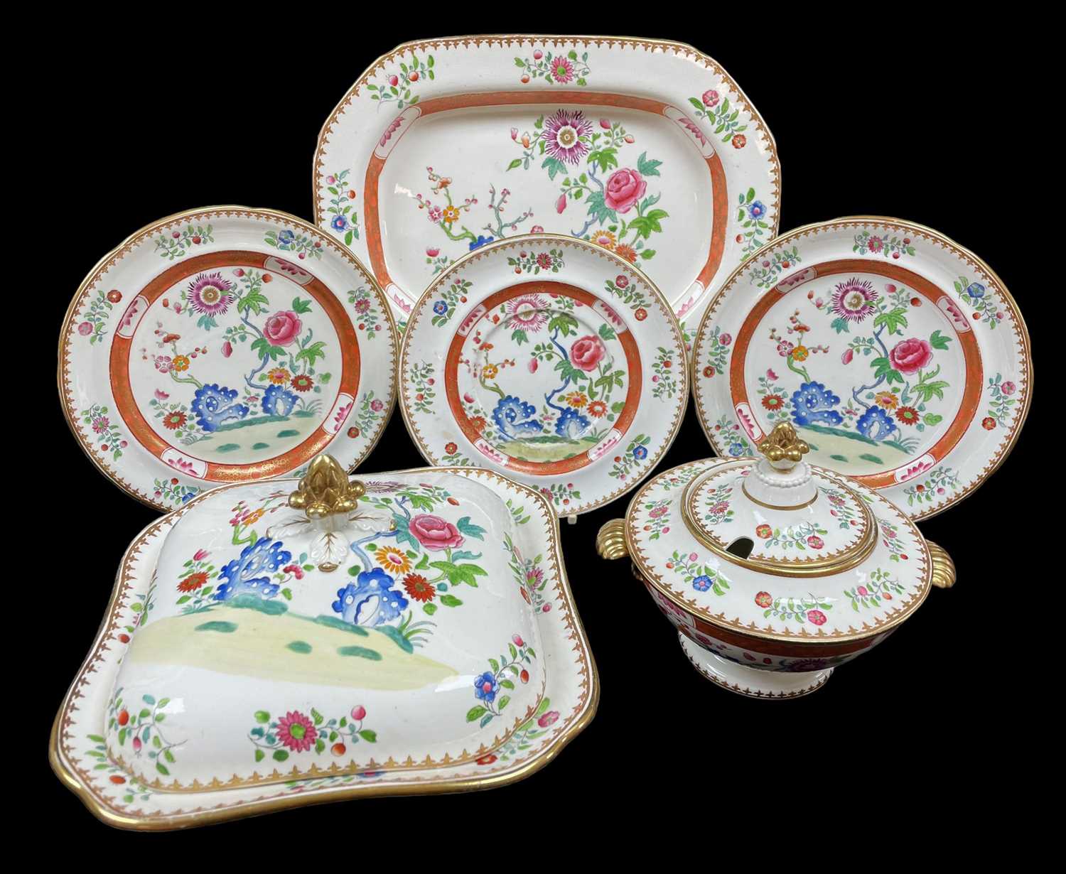 SWANSEA PORCELAIN FAMILLE ROSE PART DESSERT SERVICE circa 1814-1826, comprising circular based