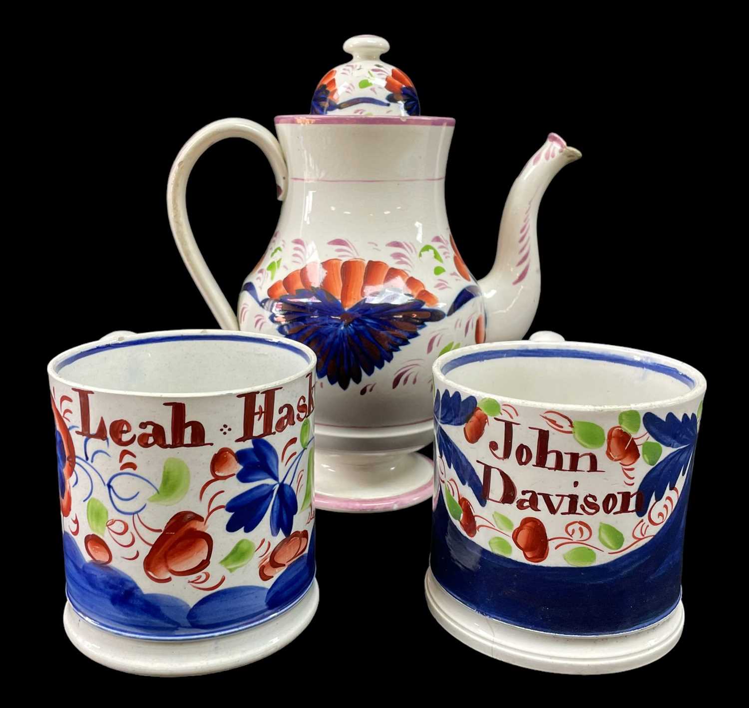 TWO RARE GAUDY WELSH POTTERY NAMED MUGS & GAUDY WELSH COFFEE POT, mid to late 19th Century, named - Image 2 of 22
