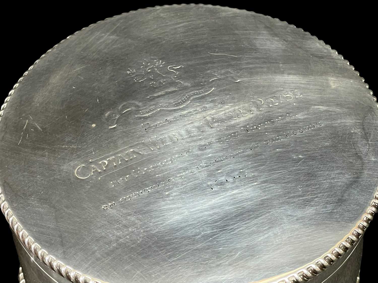 CIRCULAR SILVER TABLE BOX WITH WELCH REGIMENT RELATED ENGRAVING of plain form having feathered rims, - Image 2 of 3