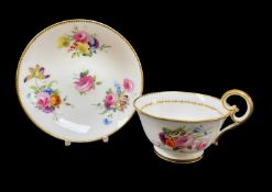 FINE NANTGARW PORCELAIN TEA CUP & SAUCER circa 1818-1820, with heart-shaped handle resting on rim,