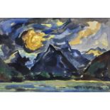 ‡ SIR KYFFIN WILLIAMS RA watercolour - Patagonian Andes mountains above lake at sunset, signed