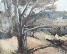 ‡ JOHN CYRLAS WILLIAMS oil on canvas - seated figure under a tree, unsigned Dimensions: 46 x