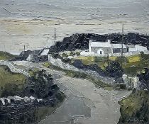 ‡ WILF ROBERTS oil on canvas - roadway with cottages, entitled verso 'Goferydd', signed and dated