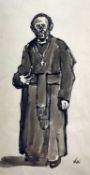 ‡ SIR KYFFIN WILLIAMS RA pen and inkwash - standing priest in cassock with cincture, pectoral