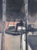 ‡ ROGER CECIL mixed media - colliery pithead and building with figures, signed and dated '