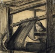 ‡ JOSEF HERMAN OBE RA pastel and charcoal - woman at weaving loom, unsigned Dimensions: 16 x