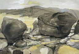 ‡ RONALD LOWE mixed media - beachscape with large rocks, entitled verso 'Boulders at Low Tide',