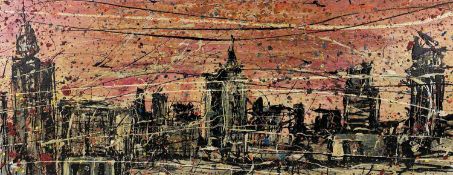 ‡ CARYS BRYN mixed media on canvas - semi abstract New York skyline, entitled verso 'New York',