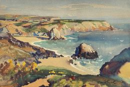 ‡ WILL EVANS watercolour - expansive Gower scene at Three Cliffs Bay from Tor Bay, signed, (and