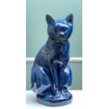LARGE RARE EWENNY POTTERY SEATED CAT royal blue glaze, modelled with collar, sgraffito whiskers,