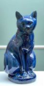 LARGE RARE EWENNY POTTERY SEATED CAT royal blue glaze, modelled with collar, sgraffito whiskers,