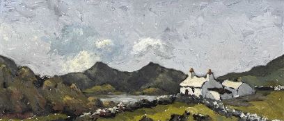‡ CHARLES WYATT WARREN oil on board - whitewashed cottage beside lake and mountains, entitled