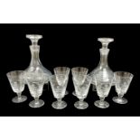 SET OF EIGHT 19TH CENTURY ETCHED GLASS GOBLETS & MATCHING PAIR OF SHIP'S DECANTERS etched with the