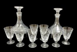 SET OF EIGHT 19TH CENTURY ETCHED GLASS GOBLETS & MATCHING PAIR OF SHIP'S DECANTERS etched with the