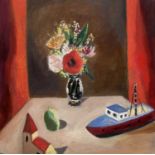 ‡ EMRYS WILLIAMS oil on linen - entitled 'Flowers, Boat and Church'Dimensions: 30 x