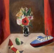‡ EMRYS WILLIAMS oil on linen - entitled 'Flowers, Boat and Church'Dimensions: 30 x