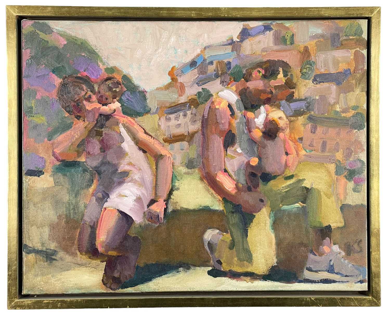 ‡ KEVIN SINNOTT oil on canvas - male and female carrying young children with terraced houses in - Image 2 of 2