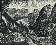 ‡ JOHN PETTS two wood engravings - entitled 'Y Bwlch Tyddiad', 10 x 13cms and 'Flock of Nant