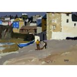 ‡ DONALD McINTYRE acrylic - Cornish village with figures on a slipway, entitled verso 'Two