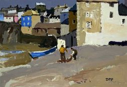 ‡ DONALD McINTYRE acrylic - Cornish village with figures on a slipway, entitled verso 'Two