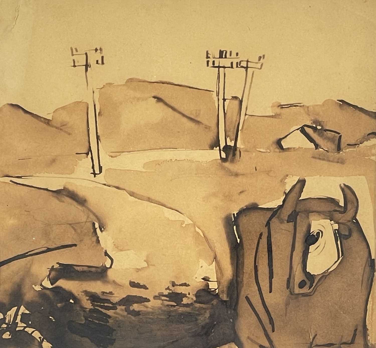 ‡ JOSEF HERMAN OBE RA pen and ink sketch - standing cow with telegraph poles behind,