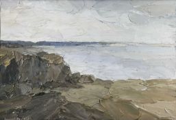 ‡ LEONARD BEARD oil on panel - coastal scene with cliffs, entitled verso on Martin Tinney Gallery