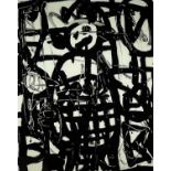 ‡ NEALE HOWELLS emulsion on glass in brushed aluminium frame - abstract 'Robot Man'Dimensions: 49