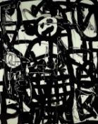 ‡ NEALE HOWELLS emulsion on glass in brushed aluminium frame - abstract 'Robot Man'Dimensions: 49