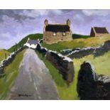 ‡ DONALD McINTYRE acrylic - lane with mountain cottages, entitled verso 'House on the Hill, Spring',