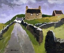 ‡ DONALD McINTYRE acrylic - lane with mountain cottages, entitled verso 'House on the Hill, Spring',