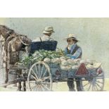 ‡ KEITH BOWEN coloured ink on paper - two Amish farmers harvesting crop with horse and cart,