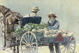 ‡ KEITH BOWEN coloured ink on paper - two Amish farmers harvesting crop with horse and cart,