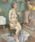 ‡ ERIC MALTHOUSE oil on canvas - life study of a nude seated on a chair beside a basin and a