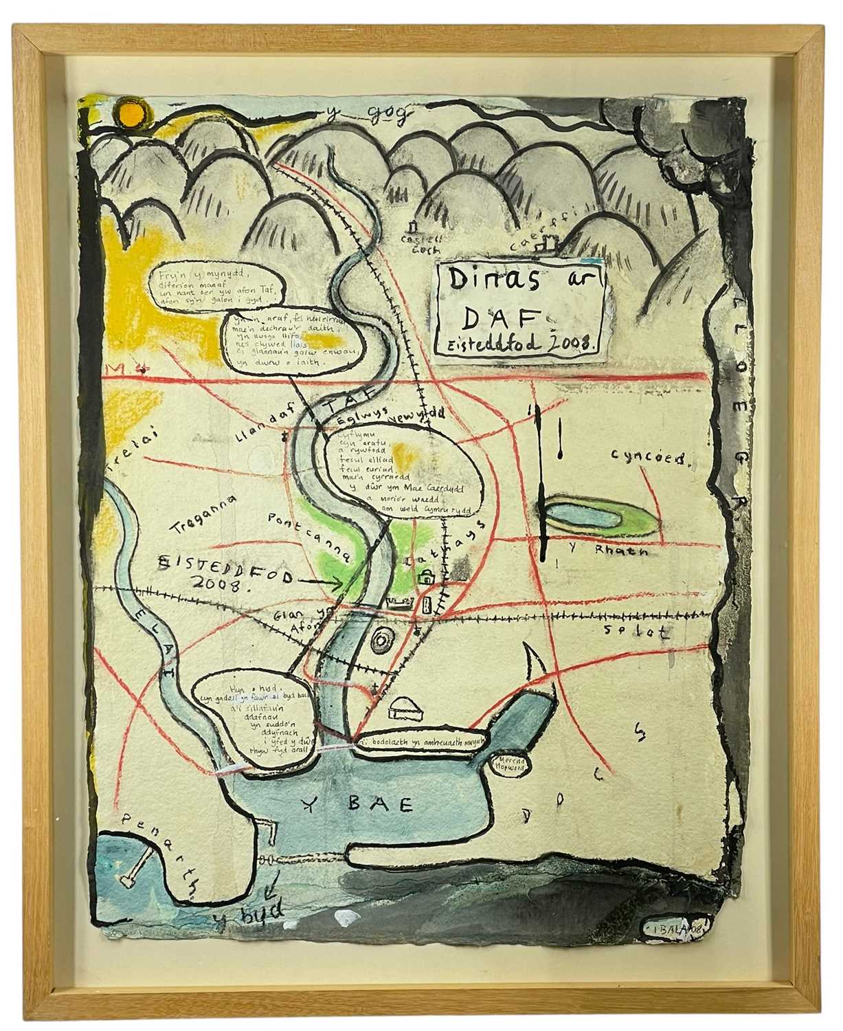 ‡ IWAN BALA mixed media - stylised map of Cardiff with verses, entitled 'Dinas ar Daf' relating to - Image 2 of 2