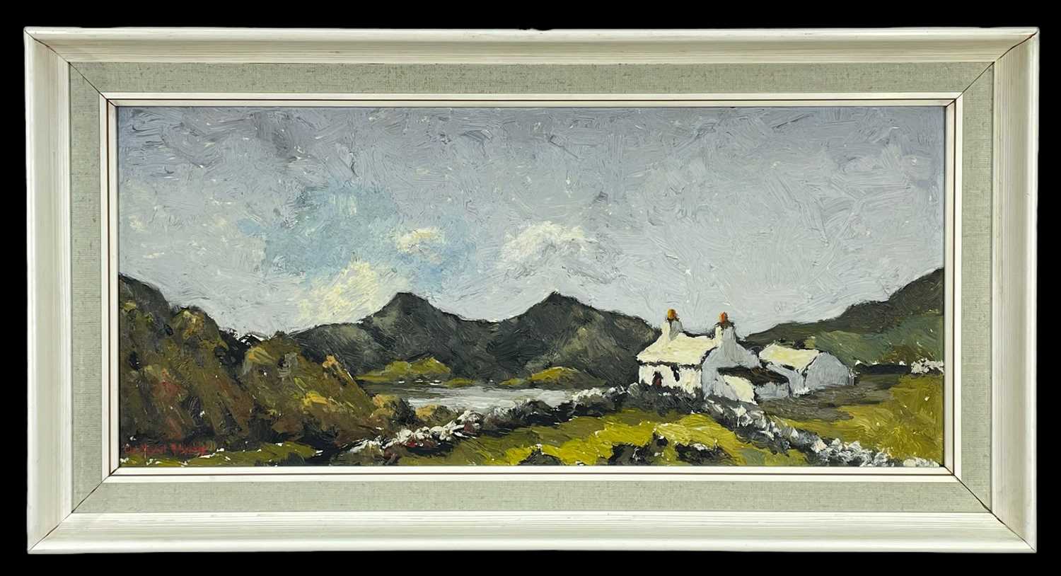 ‡ CHARLES WYATT WARREN oil on board - whitewashed cottage beside lake and mountains, entitled - Image 2 of 2