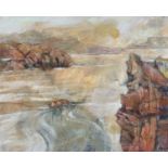 ‡ RONALD LOWE oil on canvas - low sunset over estuary, entitled verso 'Luminous Low Tide,
