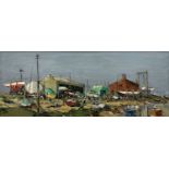 ‡ CHARLES WYATT WARREN oil on board - entitled verso 'Pwllheli Boat Yard', signedDimensions: 37 x