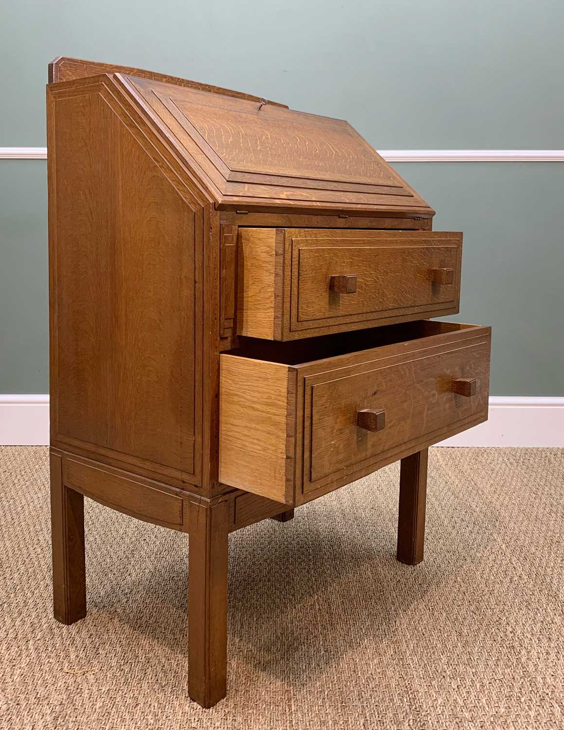 PAUL MATT FOR BRYNMAWR: OAK BUREAU, 1930s, stage back above step moulded angled fall and sides, - Image 5 of 9