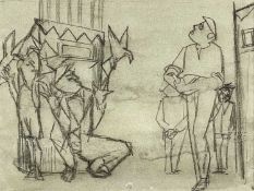 ‡ ERIC MALTHOUSE pencil drawing on paper - entitled verso 'Men, Boy and Pigeons 1952',