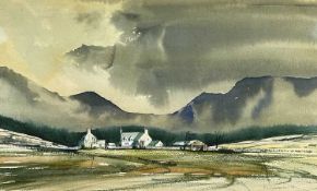‡ MALCOLM EDWARDS watercolour - Welsh mountain landscape with farmstead and figures, signed and