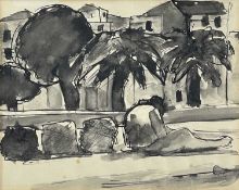 ‡ JOSEF HERMAN OBE RA pen and inkwash - quayside in the south of FranceDimensions: 20 x