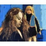 ‡ DONALD McINTYRE oil on board - two young long haired girls (sisters), signed with initials