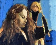 ‡ DONALD McINTYRE oil on board - two young long haired girls (sisters), signed with initials