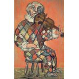 ‡ ARTHUR CHARLTON linocut proof no. 1 - seated clown playing a violin, entitled 'Boom Boom',