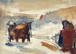 ‡ JOSEF HERMAN OBE RA mixed media, watercolour and pen - study of an artist painting a cow,