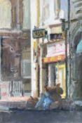 ‡ MARK SAMUEL oil on panel - street scene, entitled verso on Martin Tinney Gallery label 'Bute