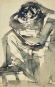 ‡ JOSEF HERMAN OBE RA pen and ink sketch - figure with head in arms and one foot on a stool,