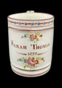 SWANSEA CAMBRIAN PEARLWARE DOCUMENTARY MUG floral painted with stippled body, non-stippled cartouche