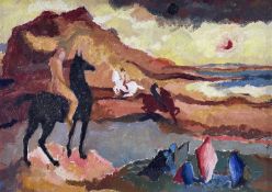 ‡ JOHN ELWYN oil on board – horsemen in landscape, signed and dated verso 1938Dimensions: 31.5 x