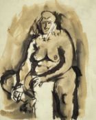 ‡ JOSEF HERMAN OBE RA pen and ink sketch - seated female nude, unsigned Dimensions: 22 x 17.